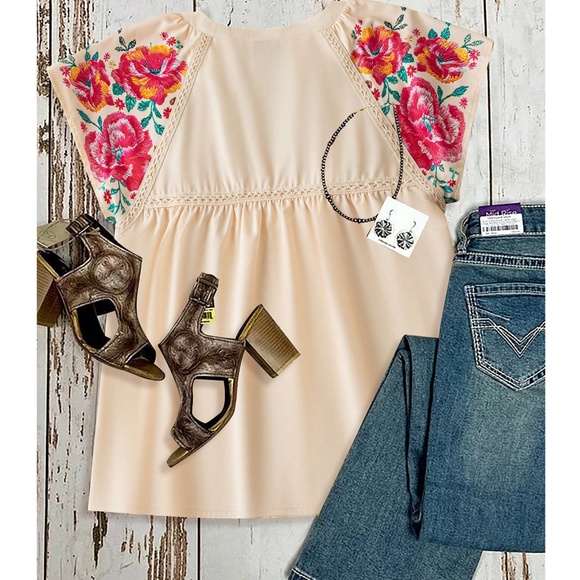 Boho Floral Print Notched Neck lace Short Sleeve Top - Picture 5 of 6